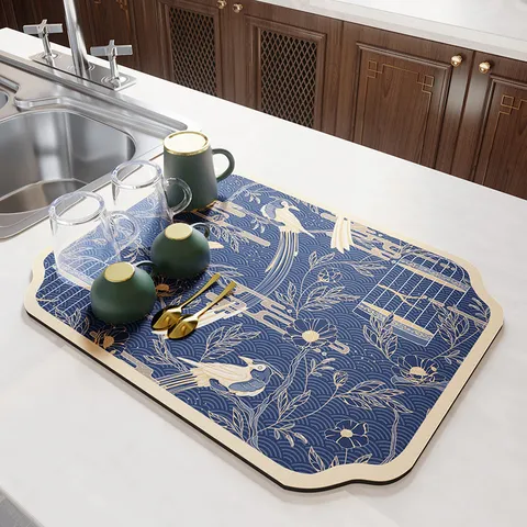 New Chinese Style Kitchen Draining Mat Tech Cloth Absorbent Tableware Drying Mat Floral Print Placemat For Home Kitchen