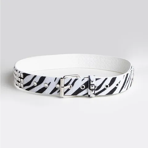Women Faux Pony Hair Leopard Zebra Print Belt Punk Square Rivet Waistband Y2K Fashion Spice Girl Decorative Alloy Pin Buckle Belt