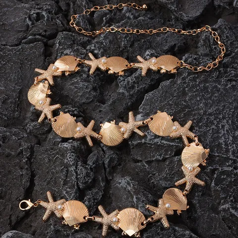 Böhmische Muschel Seestern Perle Taillenkette Metall Körperkette Strand Urlaub Bauch Schmuck für Frauen Gold Silber