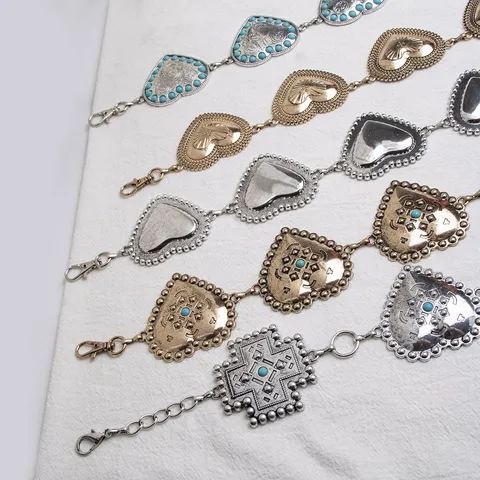 Damen Vintage Türkis Herz Metall Taillenkette Gürtel Elegantes Hohles Schnitzdesign Verstellbarer Verschluss Schmuck