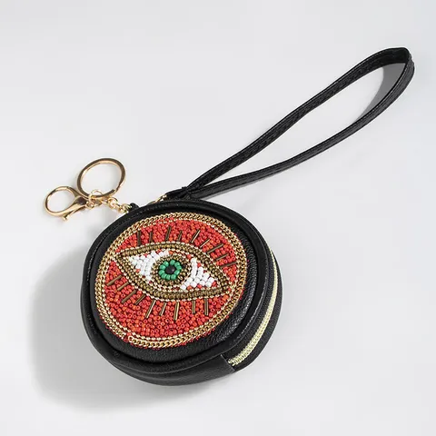 Bohemian Perlenstickerei PU Leder Runder Geldbeutel Vintage Evil Eye Design Handschlaufe Portemonnaie Damen Kleine Tasche