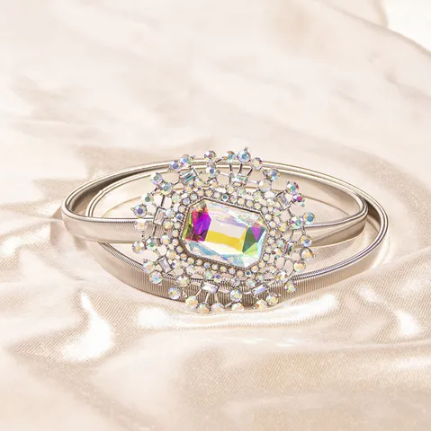 Damen Metall Feder Taillenkette Verstellbar Strass Eingelegt Elegante Casual Mode Bund Gürtel Dame Kleid Zubehör