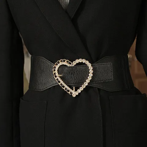 Women Wide Elastic Waist Belt Rhinestone Heart Metal Buckle Cinch Belt Versatile Fashion Dress Waistband