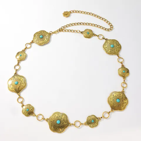 Damen Böhmisch Taillenkette Legierung Floral Türkis Western Stil Mode Körperschmuck Vintage Metall Kleid Taillengürtel