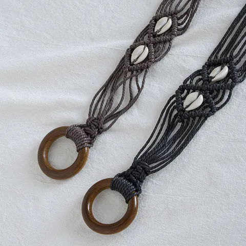Böhmischer handgemachter Wachsseil geflochtener Gürtel ethnischer Muschel Holzring lässiger Urlaub Taillenseil Damen Mode Accessoires