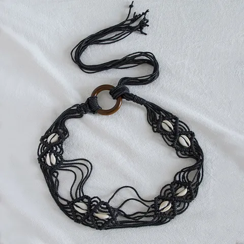 Böhmischer handgemachter Wachsseil geflochtener Gürtel ethnischer Muschel Holzring lässiger Urlaub Taillenseil Damen Mode Accessoires
