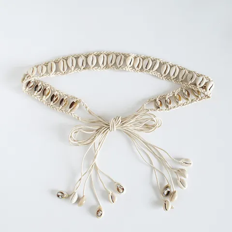 Böhmischer Handgemachter Gewebter Muschel Taillengürtel Lässiger Natürlicher Muschel Strohseil Taillenkette Strand Urlaub Kleid Zubehör