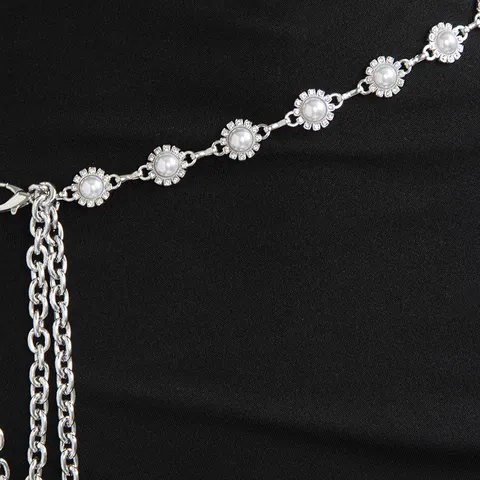 Damen Mode Metall Taillenkette Elegante Strass Künstliche Perle Kleid Gürtel Verstellbare Körper Schmuck Zubehör