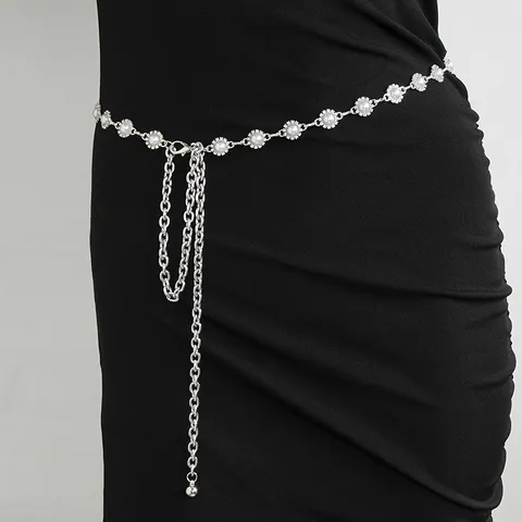 Damen Mode Metall Taillenkette Elegante Strass Künstliche Perle Kleid Gürtel Verstellbare Körper Schmuck Zubehör