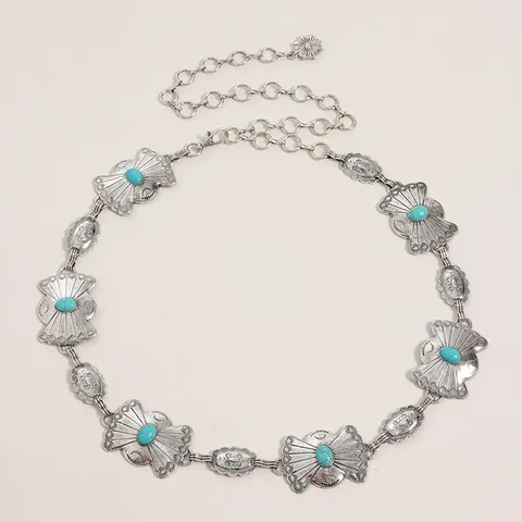Böhmische Vintage Geschnitzte Metall Taillenkette Türkis Stein Verstellbare Bauchkette Kleid Schmuck Zubehör Für Damen