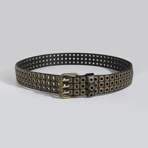 Damen Punk Kunstleder Gürtel Vintage Drei Reihen Quadratische Metallösen Dornschließe Lässig Streetwear Mode Taillengürtel