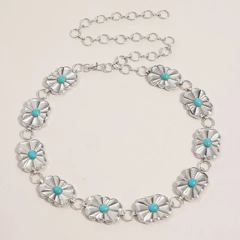 Böhmische Vintage Geschnitzte Metall Taillenkette Türkis Stein Verstellbare Bauchkette Kleid Schmuck Zubehör Für Damen