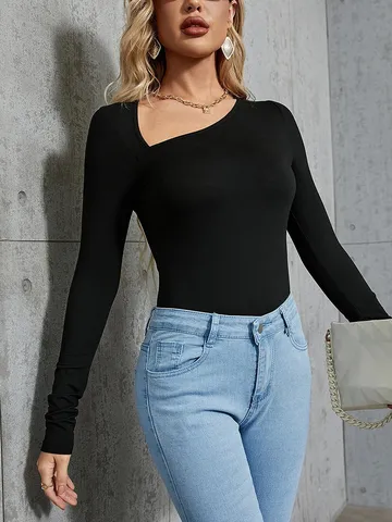 Mujeres Sexy Corte Entallado Cuello Diagonal Color Solido Manga Larga Bodysuit Otonio Invierno Moda Jumpsuit