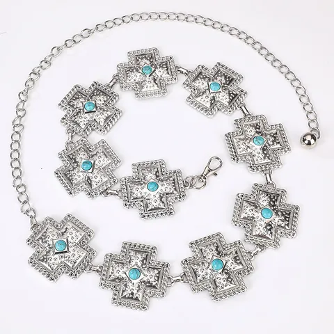 Retro Zilver Metaal Tailleketting Boheems Kruis Turquoise Lichaamsketting Verstelbare Buikketting Modieuze Sieraden Voor Dames