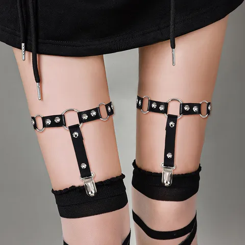 Gotico Punk Ecopelle Coscia Giarrettiera Harajuku Lolita Nero Gamba Imbracatura Anello Calze Reggicalze Donne Accessori