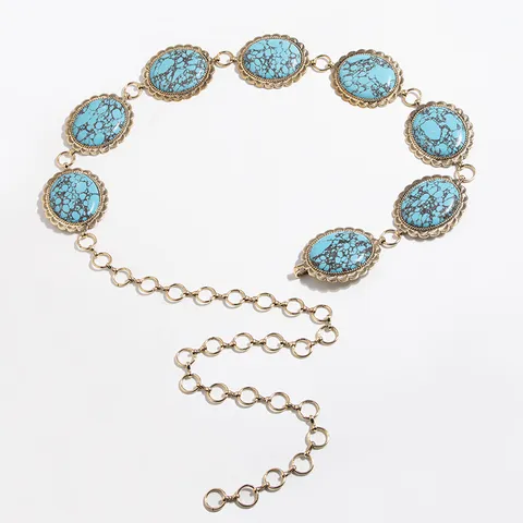 Damen Vintage Türkis Metall Breite Taillenkette Palast Geschnitzt Runde Mode Körperkette Gold Silber Verstellbarer Gürtel