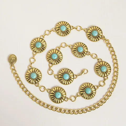 Western Vintage Metall Taillenkette Damen Dicke Türkis Kette Körperschmuck Verstellbarer Gürtel Ethnische Modeaccessoires