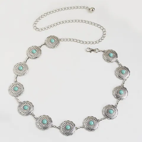 Damen Böhmisch Taillenkette Legierung Floral Türkis Western Stil Mode Körperschmuck Vintage Metall Kleid Taillengürtel