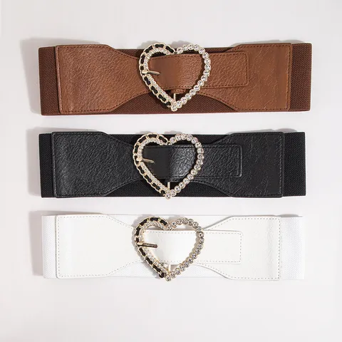 Women Wide Elastic Waist Belt Rhinestone Heart Metal Buckle Cinch Belt Versatile Fashion Dress Waistband