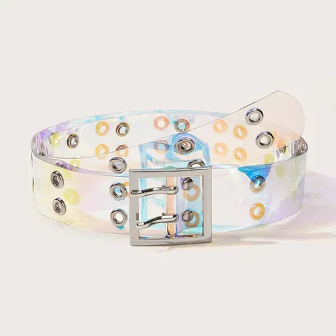 Women Transparent Iridescent PVC Belt Double Prong Metal Buckle Y2K Fashion Waist Belt Clear Waistband Accessories