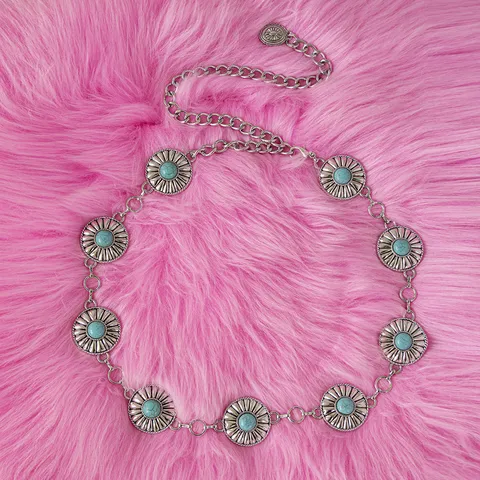 Western Vintage Metall Taillenkette Damen Dicke Türkis Kette Körperschmuck Verstellbarer Gürtel Ethnische Modeaccessoires