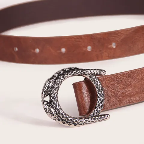 Women Vintage Western Style PU Leather Belt Antique Silver Snake Buckle Fashion Waist Belt For Daily Wear