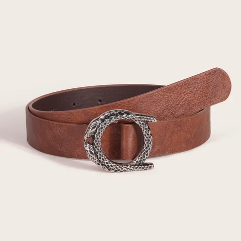 Women Vintage Western Style PU Leather Belt Antique Silver Snake Buckle Fashion Waist Belt For Daily Wear