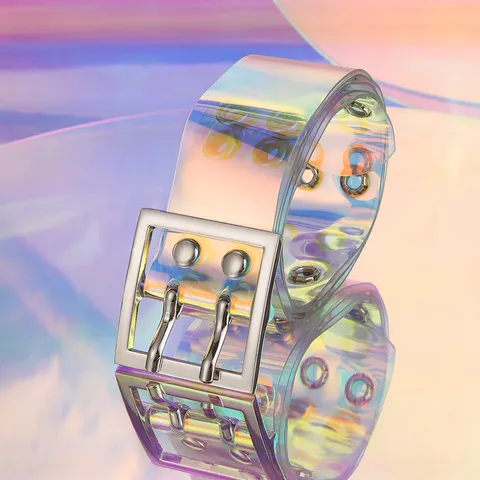 Women Transparent Iridescent PVC Belt Double Prong Metal Buckle Y2K Fashion Waist Belt Clear Waistband Accessories