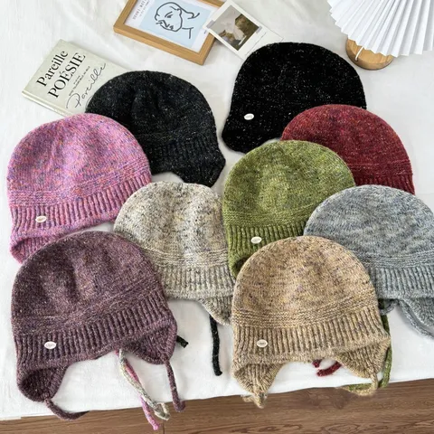Damen Koreanischer Stil Meliert Strickmütze Herbst Winter Warme Ohrenklappe Bindeband Wollmütze Modische Kopfbedeckung