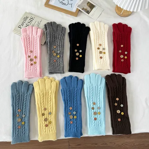 Y2K Retro Knit Gloves For Women Long Touchscreen Mittens Cable Knit Button Decor Warm Winter Arm Warmers Fingerless Fashion Gloves