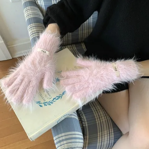 Women Winter Warm Faux Mink Fur Touch Screen Gloves Solid Color Casual Knit Split Finger Mittens Fashion Riding Handwear