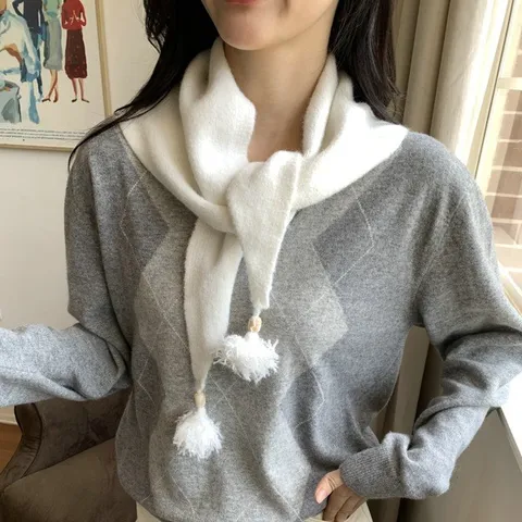 Women Fashion Knitted Triangle Scarf Cute Pom Poms And Beads Warm Winter Shawl