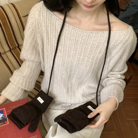 Women Winter Thickened Knitted Gloves Flip Top Half Finger Warm Gloves With Lanyard For Student Cycling Daily Wear