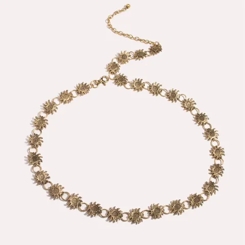 Vintage Carved Sunflower Metal Waist Chain For Women Elegant Antique Gold Adjustable Body Chain Fashion Belt Jewelry