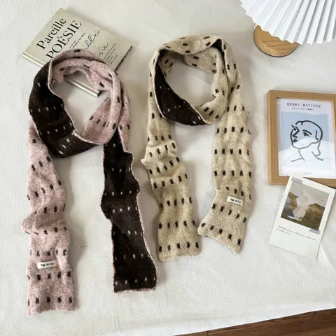 Korean Style Contrast Color Striped Knitted Scarf Women Autumn Winter Warm Polyester Neck Wrap Fashion Skinny Scarf