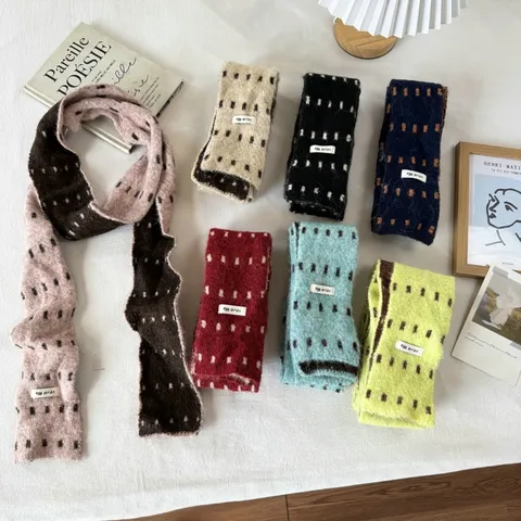 Korean Style Contrast Color Striped Knitted Scarf Women Autumn Winter Warm Polyester Neck Wrap Fashion Skinny Scarf