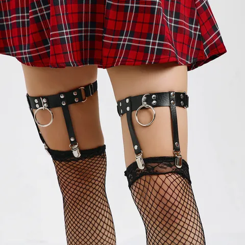Damen Punk Baumwolle Strumpfgürtel Metallschlaufe Beinring Y2K Gothic Harajuku Accessoire Schwarz Rosa Weiß Strumpfband