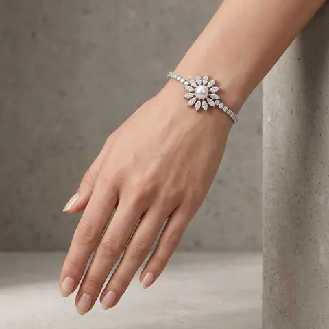 Pulsera de Cobre con Diamantes de Imitación y Perla Artificial para Mujer Oro Plata Galvanizado Flor Mariposa Tennis Chain Pulsera Joyería de Moda