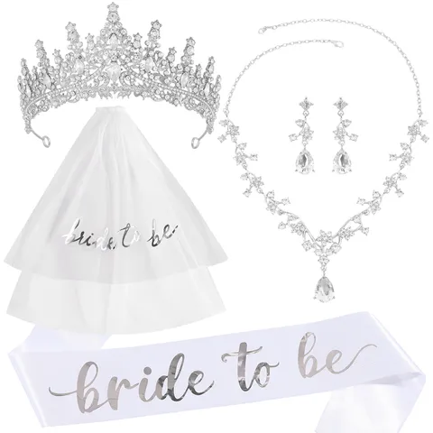 Σετ Αξεσουάρ Γάμου Bride To Be Κράμα Στέμμα Τιάρα με Στρας Λευκό Πέπλο Σατέν Κορδέλα Κολιέ Σκουλαρίκια για Νύφη