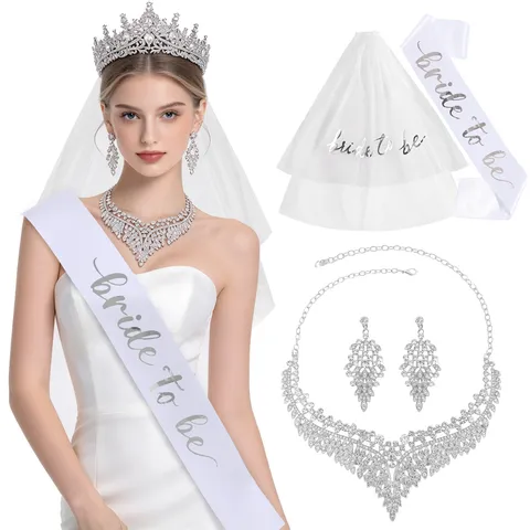Σετ Αξεσουάρ Γάμου Bride To Be Κράμα Στέμμα Τιάρα με Στρας Λευκό Πέπλο Σατέν Κορδέλα Κολιέ Σκουλαρίκια για Νύφη