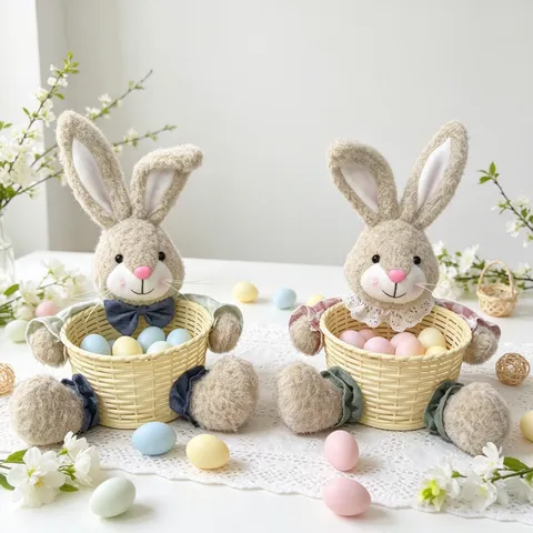 Easter Bunny Plush Candy Basket Woven Storage Basket For Easter Eggs Gifts Festive Table Decoration Party Favors For Kids Home Decor