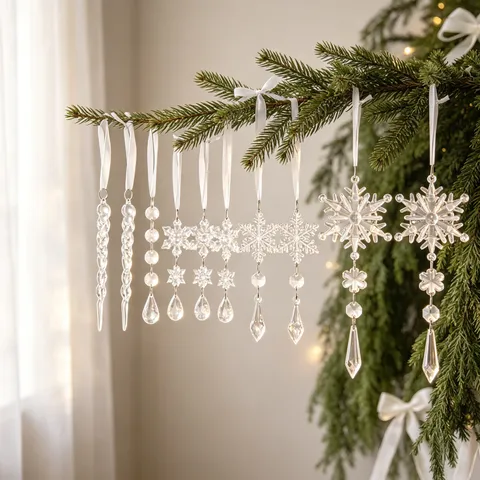 Christmas Acrylic Icicle Snowflake Ornaments Set Clear Crystal Effect Hanging Decorations For Christmas Tree Party Window Decor