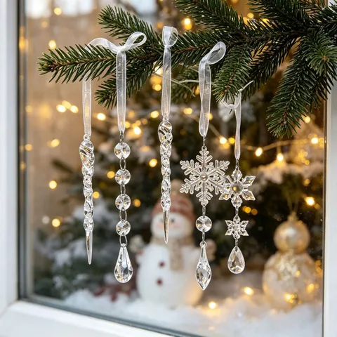 Christmas Acrylic Icicle Snowflake Ornaments Set Clear Crystal Effect Hanging Decorations For Christmas Tree Party Window Decor