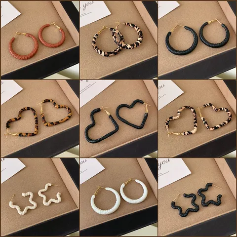 Pendientes de Aro Retro con Patrón de Ratán Tejido y Estampado de Leopardo Corazón Estrella para Mujer Pendientes Colgantes Geométricos Exagerados de Cuero Artificial