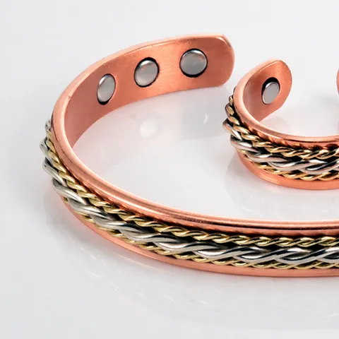 Ensemble Bracelet et Bague Torsadée Tissée à la Main en Cuivre Pur Bijoux de Thérapie par Aimant en Cuivre Rouge Ajustables pour Hommes Femmes