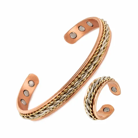 Ensemble Bracelet et Bague Torsadée Tissée à la Main en Cuivre Pur Bijoux de Thérapie par Aimant en Cuivre Rouge Ajustables pour Hommes Femmes