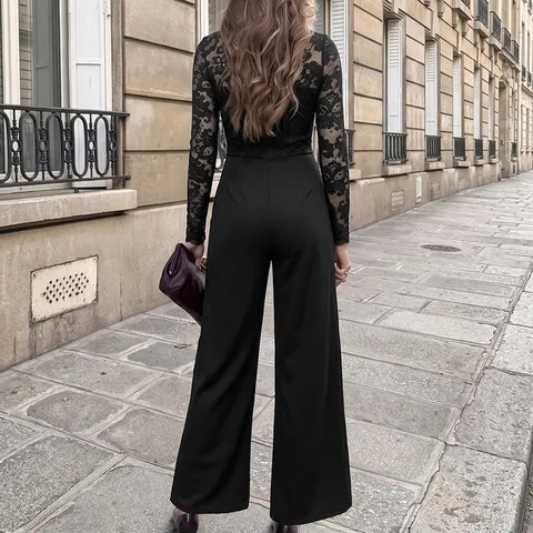 Mono de Mujer con Patchwork de Encaje y Cuello en V Manga Larga Otoño Invierno Nuevo Elegante Estilo Conmuta Pantalones