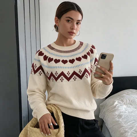Women's Christmas Heart Jacquard Knit Sweater Thick Long Sleeve Pullover Casual Round Neck Acrylic Jumper Warm Winter Top