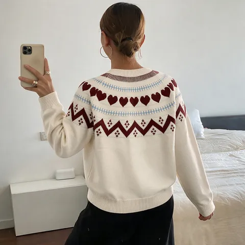Women's Christmas Heart Jacquard Knit Sweater Thick Long Sleeve Pullover Casual Round Neck Acrylic Jumper Warm Winter Top