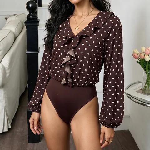 Women Polka Dot Ruffle V Neck Long Sleeve Bodysuit Blouse Shirt Commuter Elegant Slim Fit One Piece Leotard Top